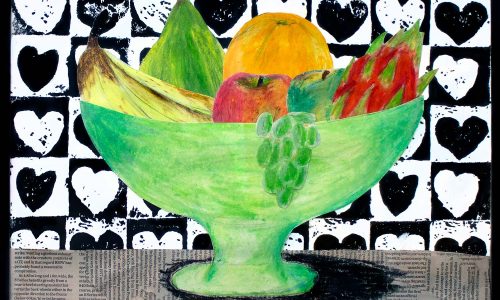 Student artwork of a still life with fruit bowl