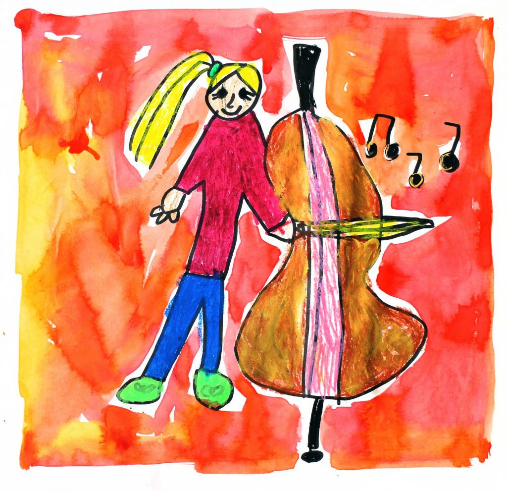 Student artwork of a girl playing a double bass