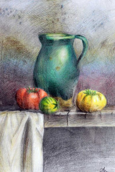 Student artwork of a still life with tomatoes