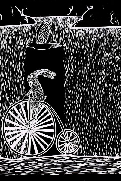 Student artwork of a rabbit riding a penny farthing