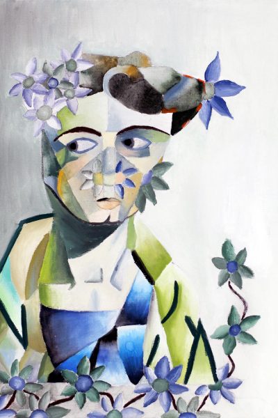 Student artwork of surrealist portrait with flowers