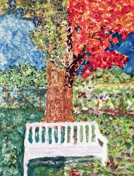Student artwork of park bench and tree