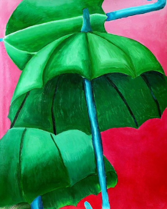 Student artwork of green umbrellas