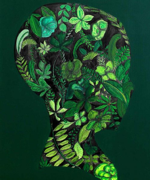 Student artwork of a head outlined filled with leaves