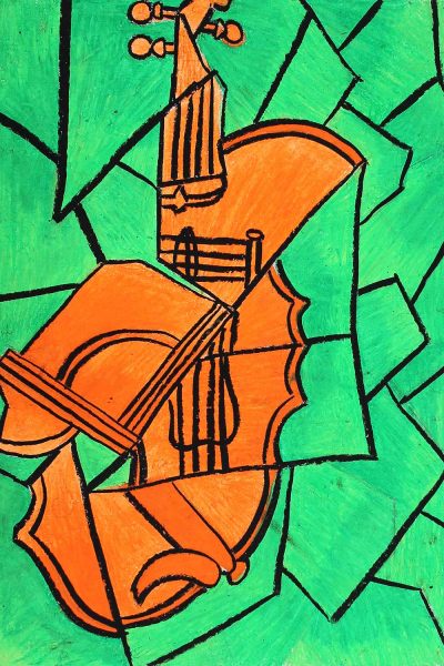 Student artwork of a cubist style violin