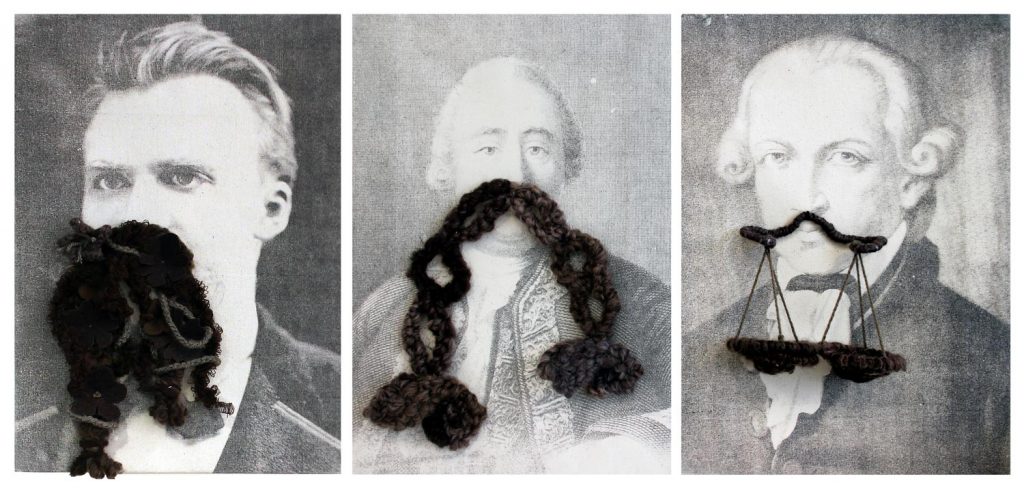 Student artwork of portraits with knitted moustaches