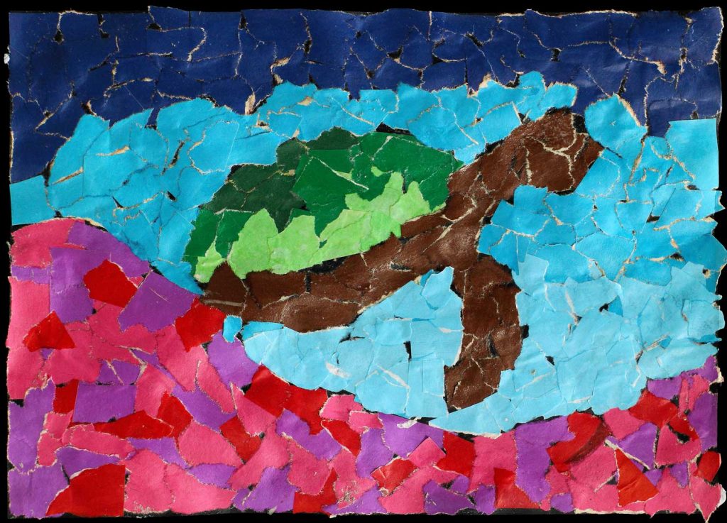 Student artwork of a collage turtle