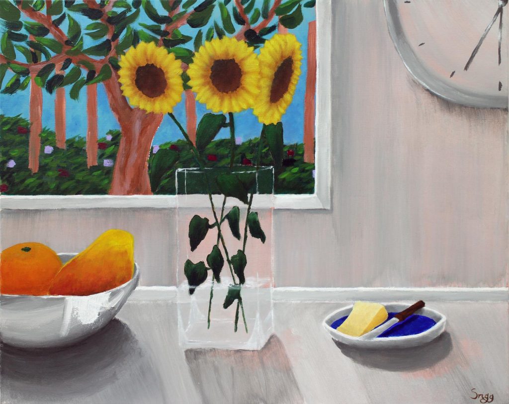 Student artwork of a still life with sunflowers