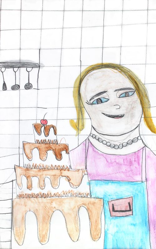 Student artwork of a girl baking cakes