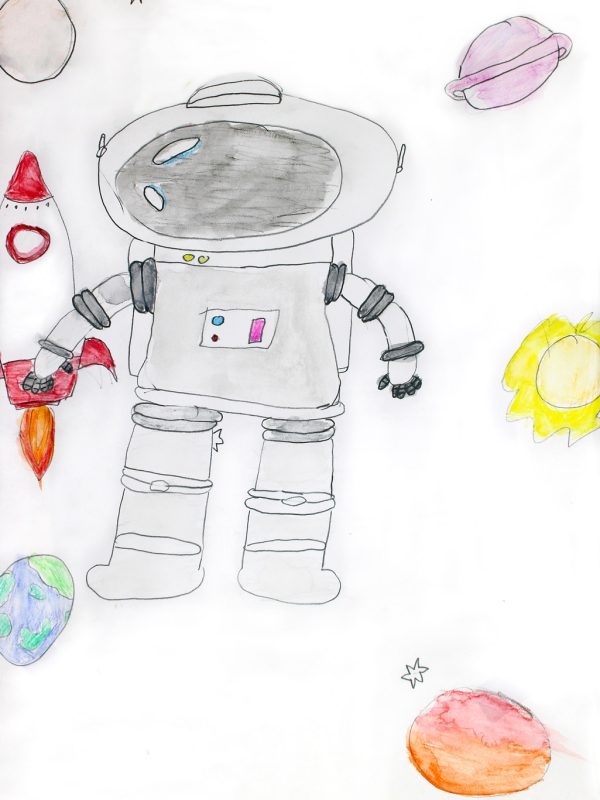 Student artwork of an astronaut, rocket and planets