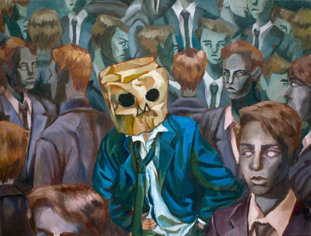Student artwork of a figure wearing a paper bag and surrounded by zombie-like people
