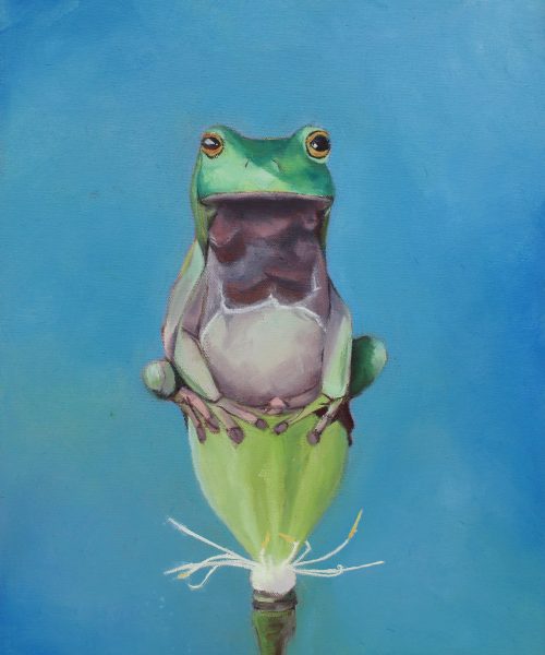 Student artwork of a green frog sitting on top of a flower