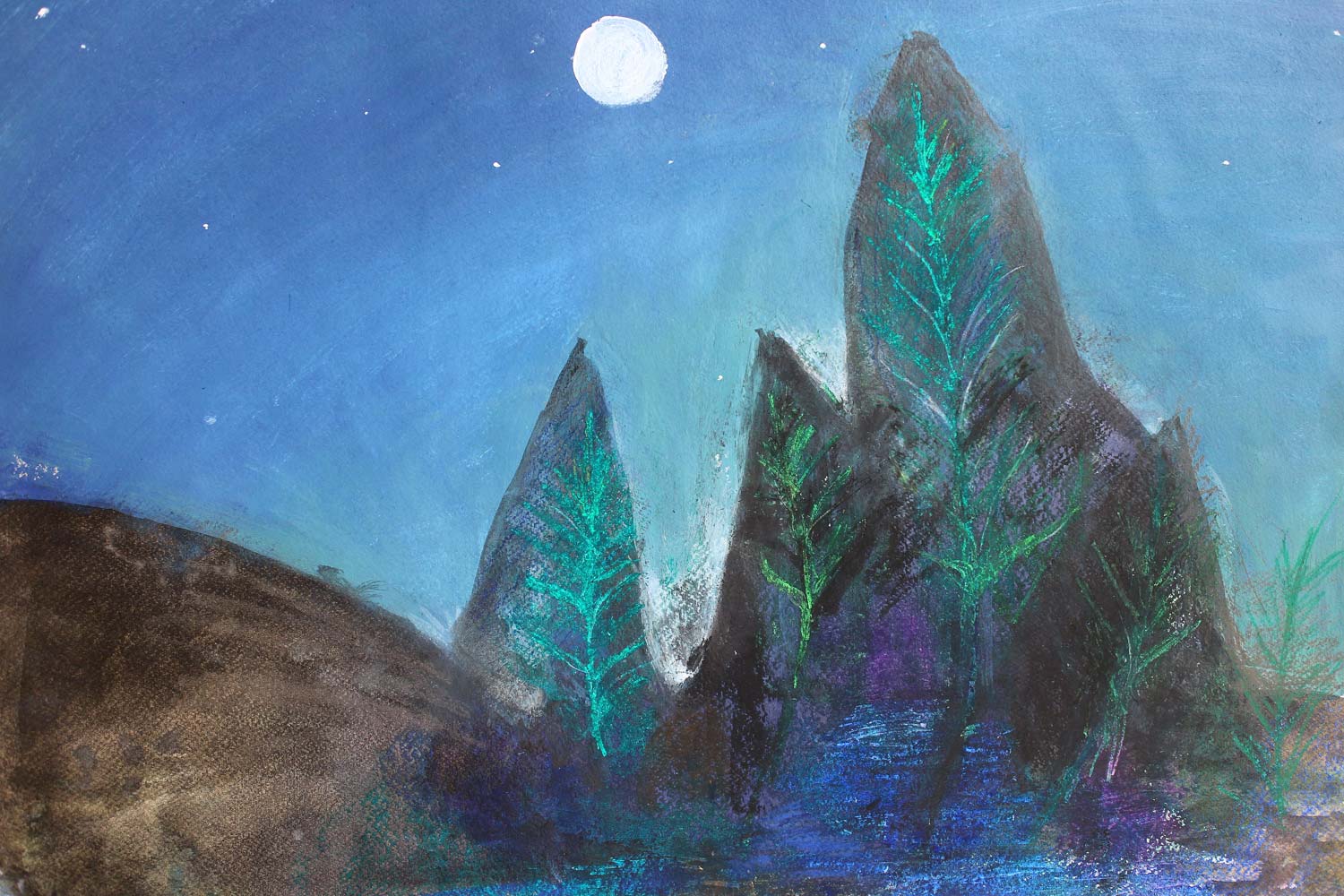 Student artwork of a moonlit landscape