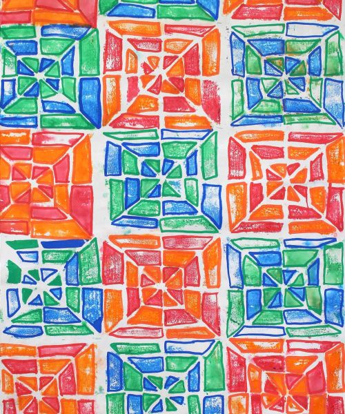 Student artwork of a colourful tessellation pattern