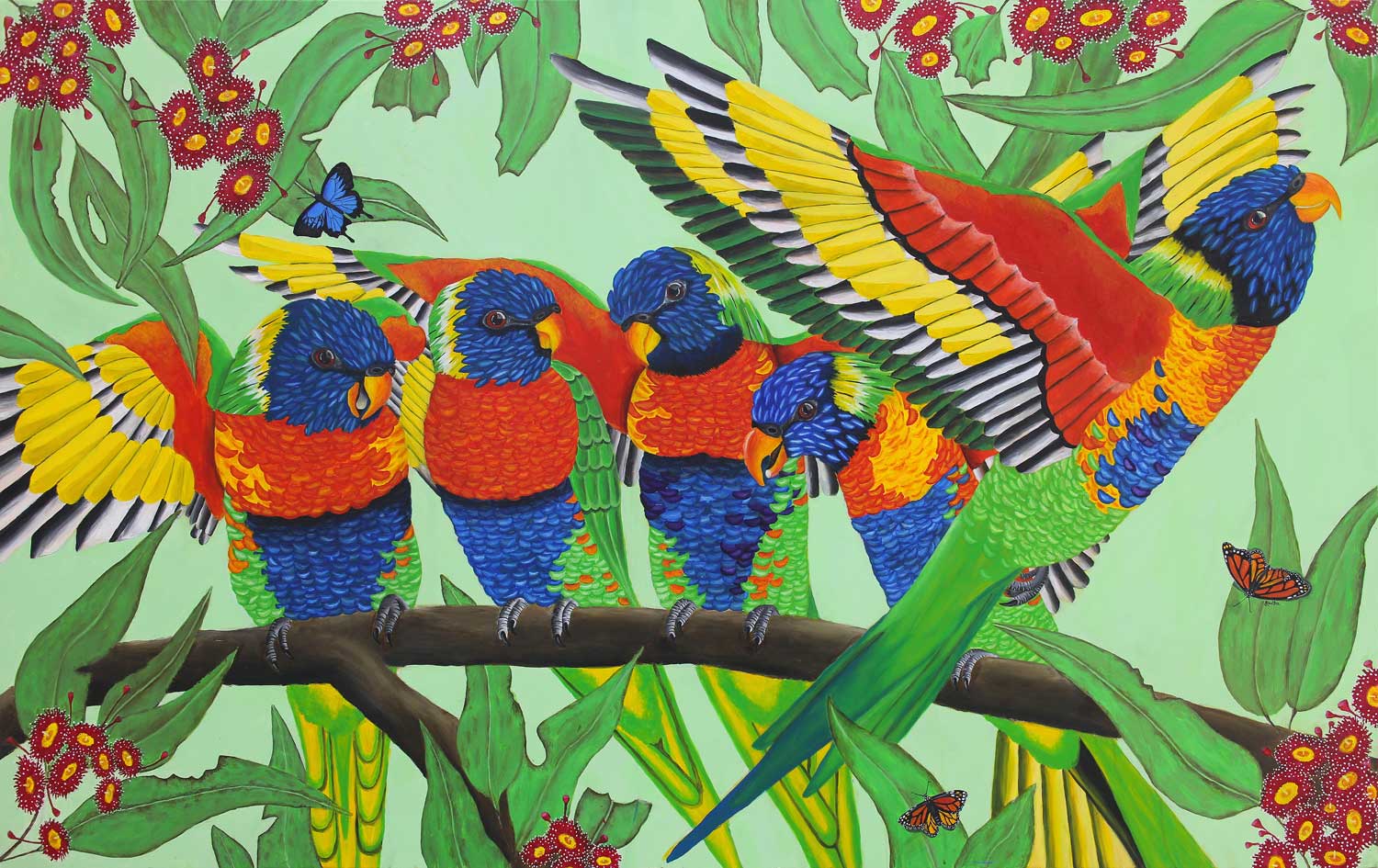 Student artwork of a flock of lorikeets on a branch