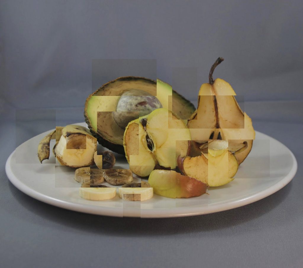 Student artwork of a pixelated fruit still life