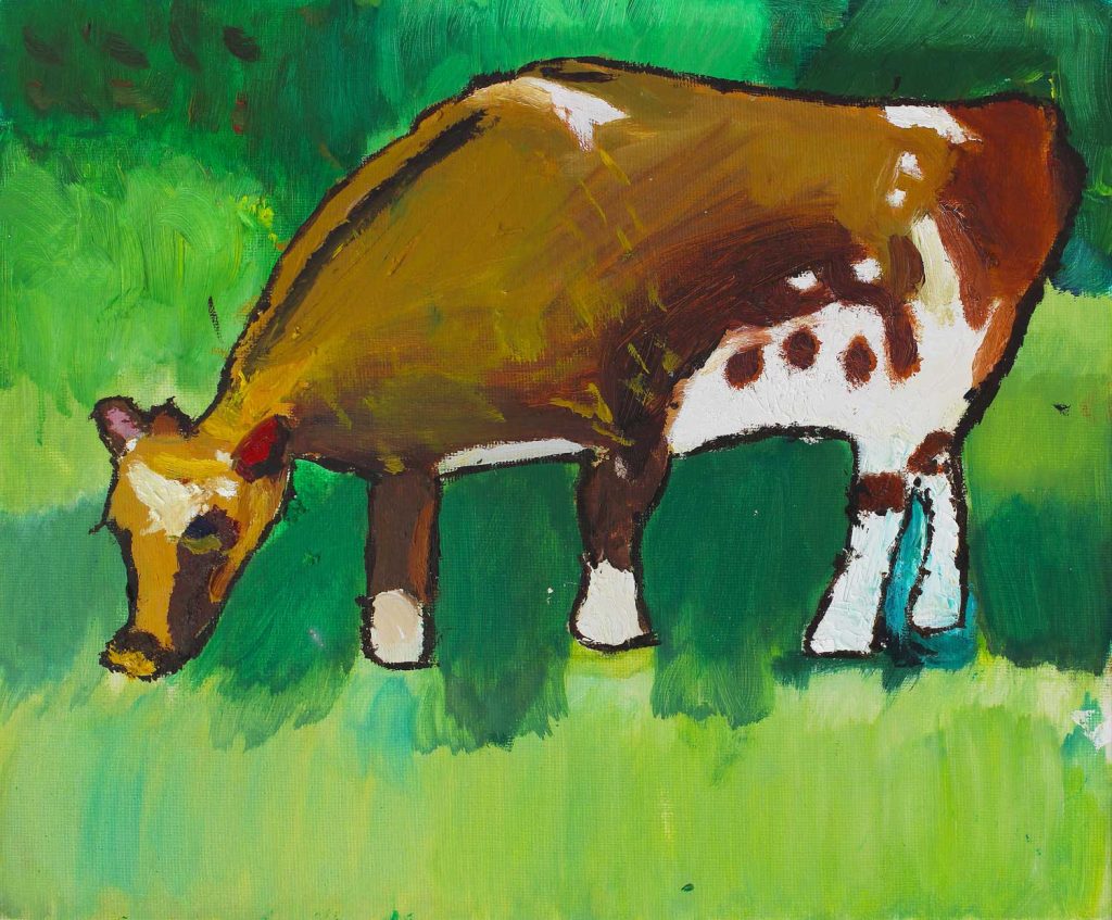 Student artwork of a brown and white cow in a field