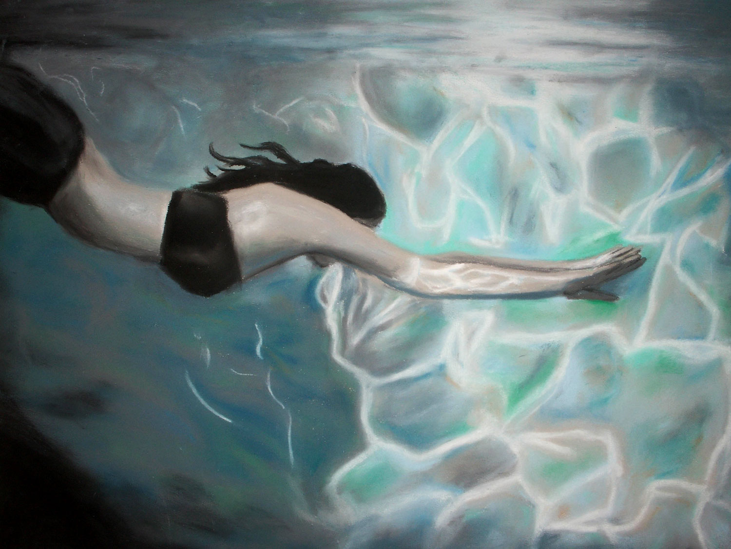 Student artwork of a girl swimming under water
