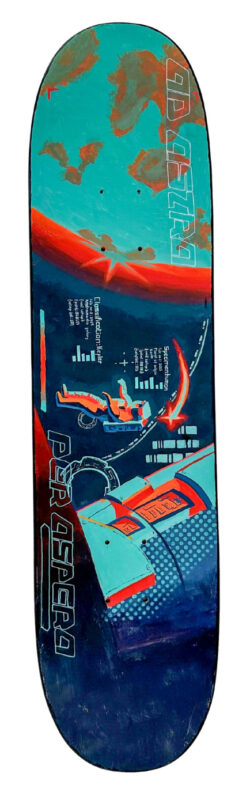 Student artwork of a space-inspired skateboard deck