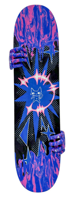 Student artwork of a skateboard deck with hands