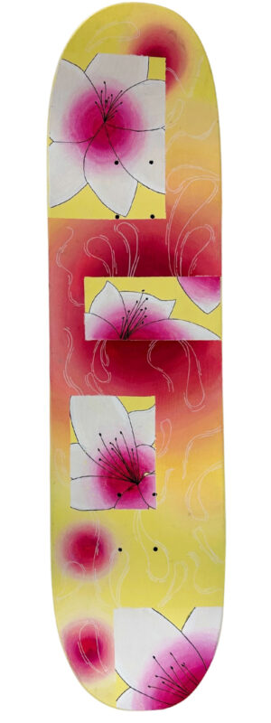 Gradient Garden Student artwork of a skateboard deck with pink and white flowers