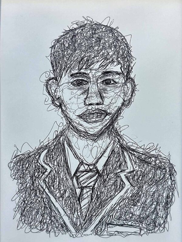 Student artwork of a continuous line portrait