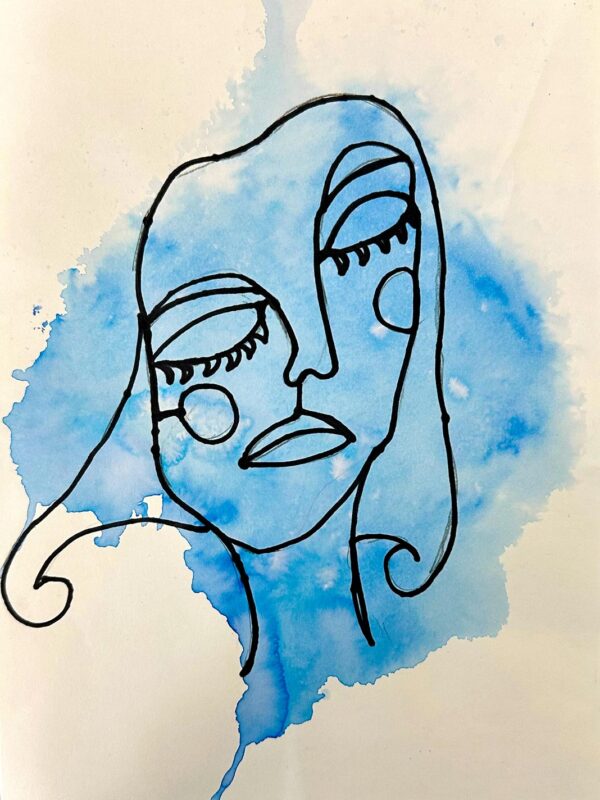 Student artwork of a continuous line portrait