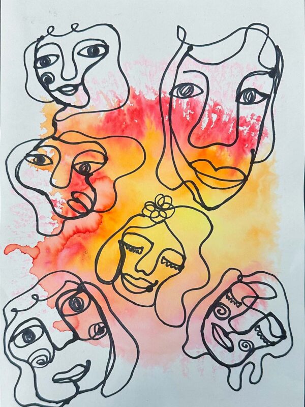 Student artwork of a continuous line portrait