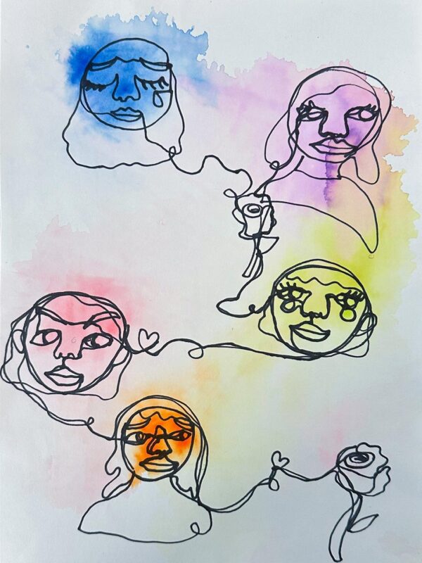 Student artwork of a continuous line portrait