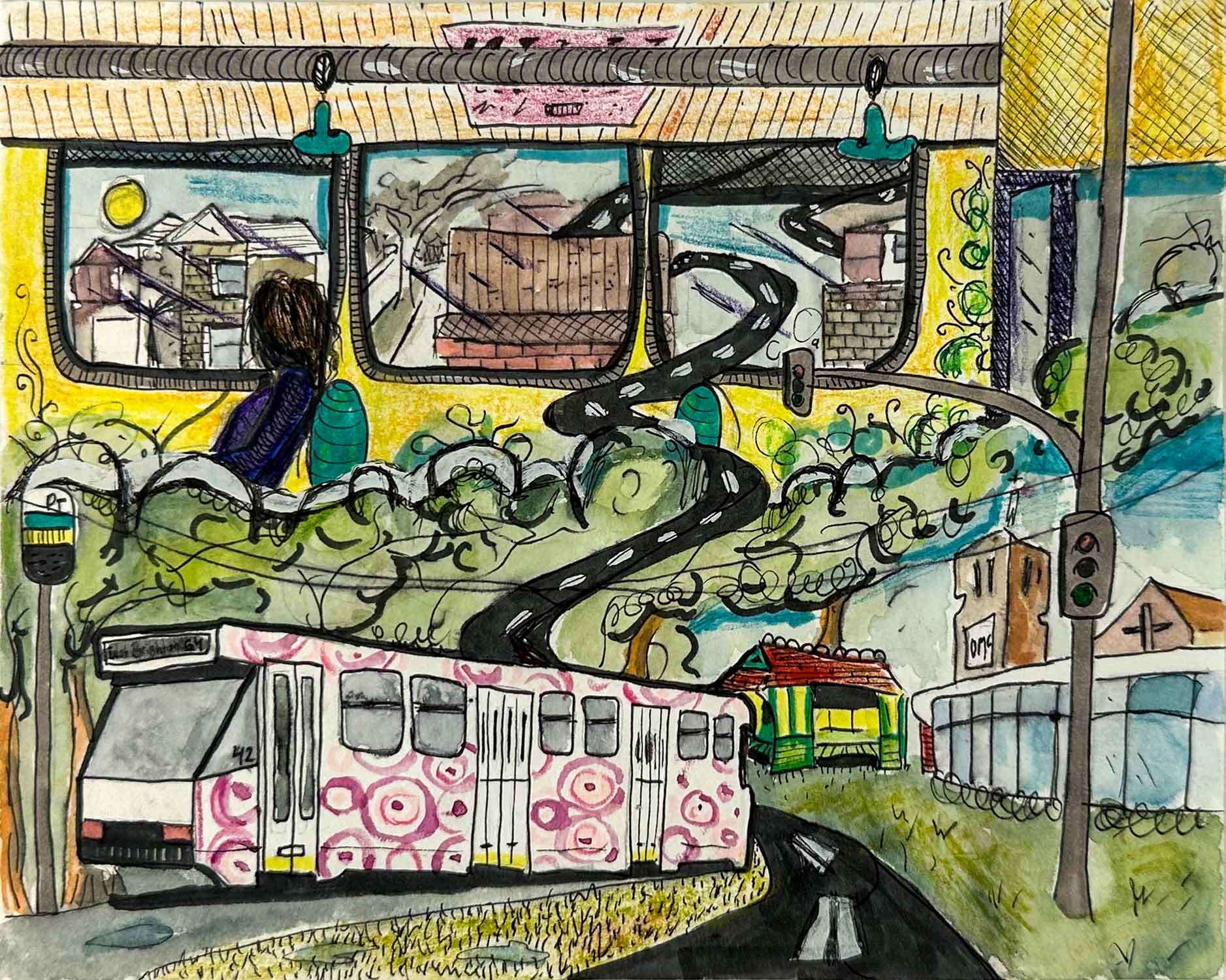 An Extraordinarily Usual Tram Trip Student artwork of a dreamscape tram ride