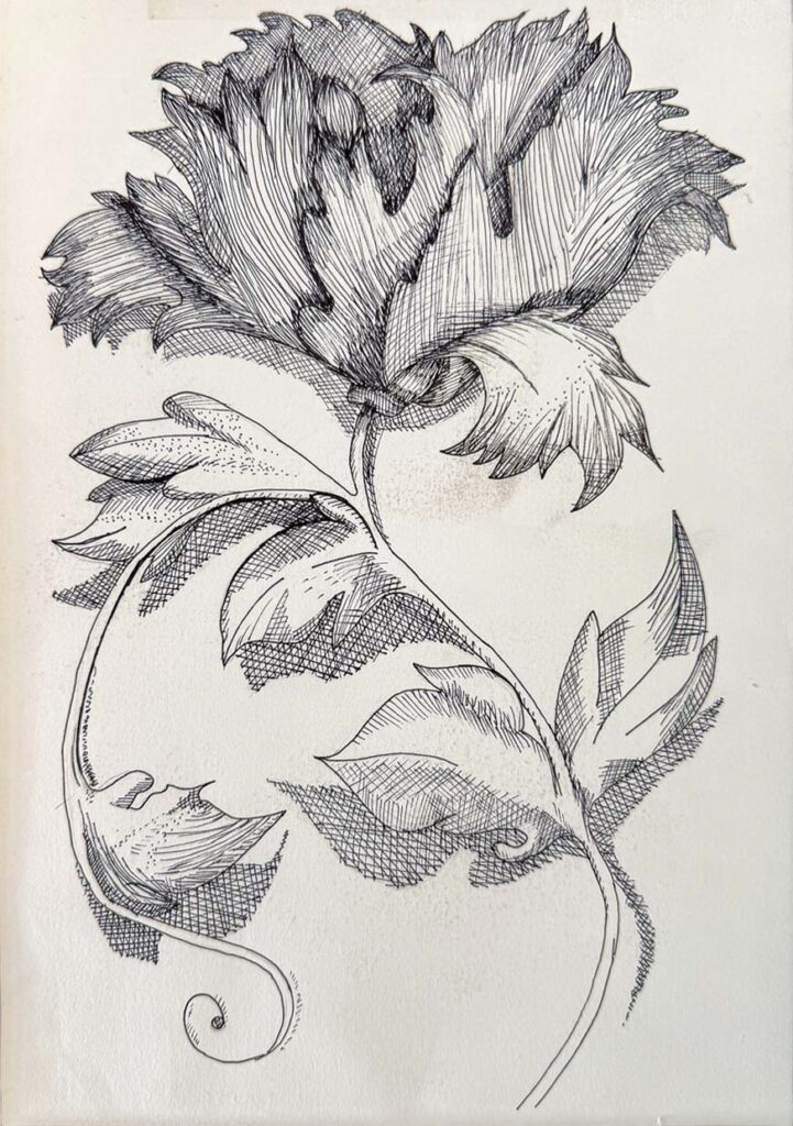 Student artwork of a cross hatch flower