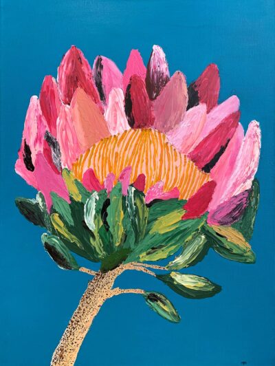 Acrylic on canvas by Frances Mulvey, Year 11 Student artwork of a waratah flower