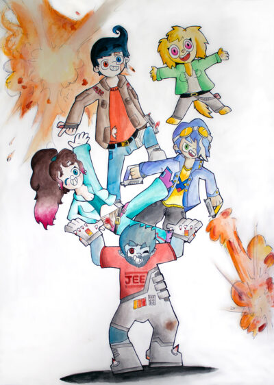 Watercolour and ink on paper by Ben Hockley, Year 12 Student artwork of Jee Strongman and characters