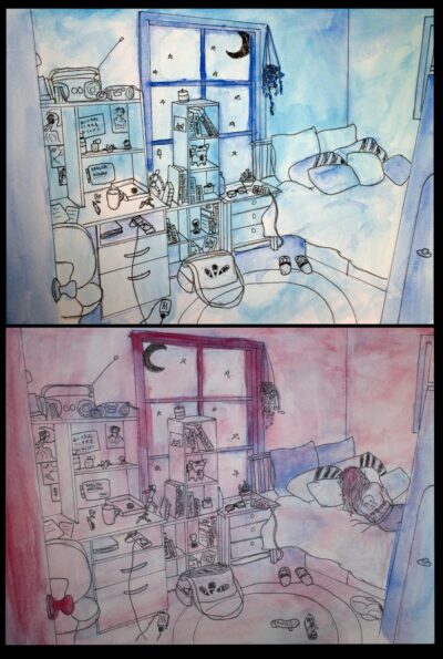 Watercolour and ink on paper by Kaitlyn Wyckelsma, Year 12 Student artwork of a room study