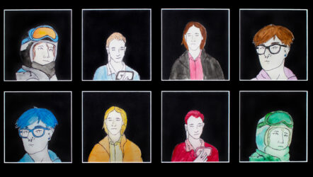 Pen and watercolour on paper by Kaitlyn Wyckelsma, Year 12 Student collage of eight portraits