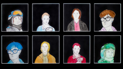 Pen and watercolour on paper by Kaitlyn Wyckelsma, Year 12 Student collage of eight portraits