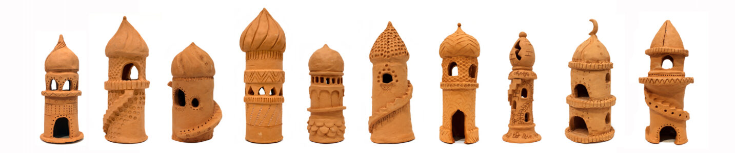 Unglazed clay, Group Work, Year 8, Ballarat Clarendon College Student artwork of clay towers