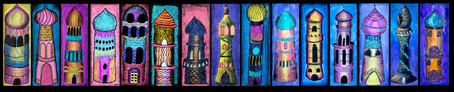 Ink and charcoal on paper, Group Work, Year 8, Ballarat Clarendon College Student artwork of towers