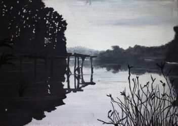 Acrylic on canvas by Johannah Havran, Year 11 Student artwork of a river bank