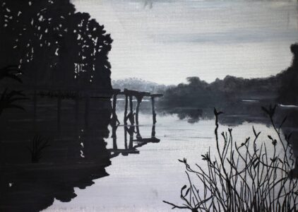 Acrylic on canvas by Johannah Havran, Year 11 Student artwork of a river bank