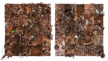 Mixed media on board, by Cohort Collection Group Work, Year 4 Student artwork of a steampunk collage