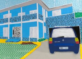 Paper and foamcore collage on board by Mischa Gayfer, Year 8 Student artwork of a suburban house with a car