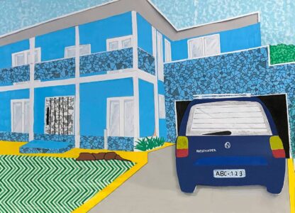 Paper and foamcore collage on board by Mischa Gayfer, Year 8 Student artwork of a suburban house with a car