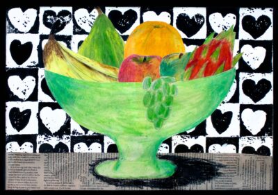 Print and collage on paper by Lily Street, Year 6 Student artwork of a still life with fruit bowl
