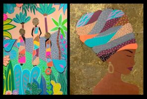 Posca, gold leaf and collage on illustration board by Soleil Stern, Year 11 Student artwork of an African culture study