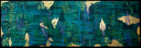 Acrylic and gold leaf on plywood by Steph Violaris, Year 12 Student artwork of a lavender landscape