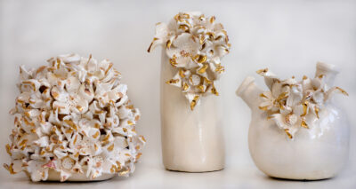 Glazed porcelain with gold lustre by Sophie Blackney, Year 12 Student artwork of porcelain flowers