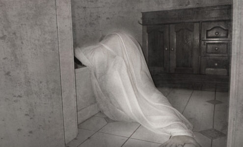 Silver gelatin photographic print by Ralph O'Donnell, Year 12 Student artwork of a figure covered in a sheet