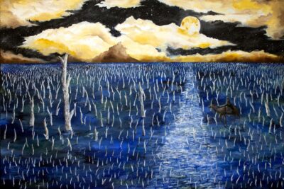 Acrylic on canvas by Alice Beyer, Year 11 Student artwork of a fantasy landscape