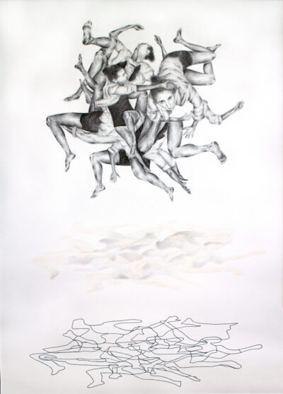Pencil on paper by Simone Clamp, Year 12 Student artwork of a mass of bodies falling